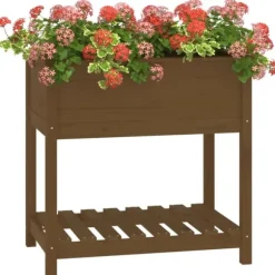 Plantekasse med hylde i massivt fyrretræ | Størrelse: 82,5x54x81 cm | Farve: Gyldenbrun