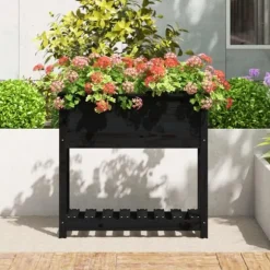 Plantekasse med hylde i massivt fyrretræ - Ergonomisk design | Størrelse: 82,5x34,5x81 cm | Farve: Sort