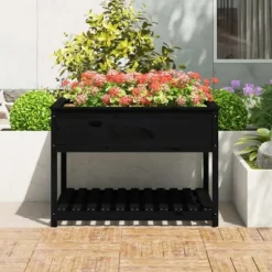 Plantekasse med hylde i massivt fyrretræ - Ergonomisk højbed | Størrelse: 111,5x111,5x81 cm | Farve: Sort
