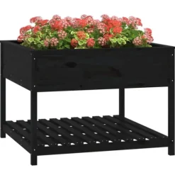 Plantekasse med hylde i massivt fyrretræ - Ergonomisk højbed | Størrelse: 111,5x111,5x81 cm | Farve: Sort