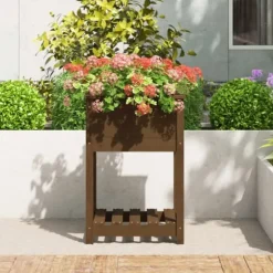 Plantekasse med hylde i massivt fyrretræ - Højbed | Farve: Gyldenbrun | Størrelse: 54x54x81 cm