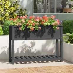 Plantekasse med hylde i massivt fyrretræ - Ergonomisk højbed | Størrelse: 111,5x34,5x81 cm | Farve: Grå