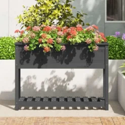 Plantekasse med hylde i massivt fyrretræ - Ergonomisk højbed | Størrelse: 111,5x34,5x81 cm | Farve: Grå
