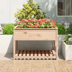 Plantekasse med hylde i massivt fyrretræ - Højbed | Størrelse: 111,5x111,5x81 cm