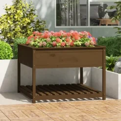 Plantekasse med hylde i massivt fyrretræ - Ergonomisk | Størrelse: 111,5x111,5x81 cm | Farve: Brun