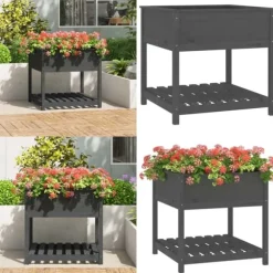 Plantekasse med hylde 82,5x82,5x81 cm massivt fyrretræ grå - Plantekasse - Plantekasser - Home & Living