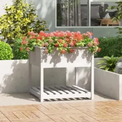 Plantekasse med hylde 82,5x82,5x81 cm massivt fyrretræ hvid - Plantekasse - Plantekasser - Home & Living