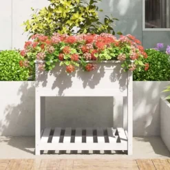 Plantekasse med hylde 82,5x82,5x81 cm massivt fyrretræ hvid - Plantekasse - Plantekasser - Home & Living