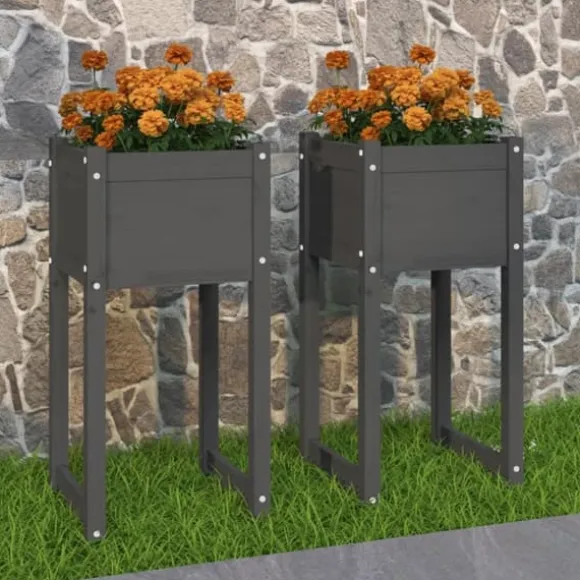 Plantekasser 2 stk. til haven | Massivt fyrretræ | Størrelse: 40x40x81 cm | Farve: Grå