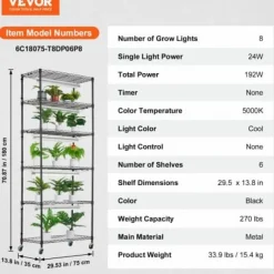Planteopsats, 6 niveauer, 75x35x180 cm, Sort, Metal, Justerbar