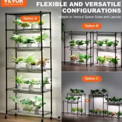 Planteopsats, 6 niveauer, 75x35x180 cm, Sort, Metal, Justerbar