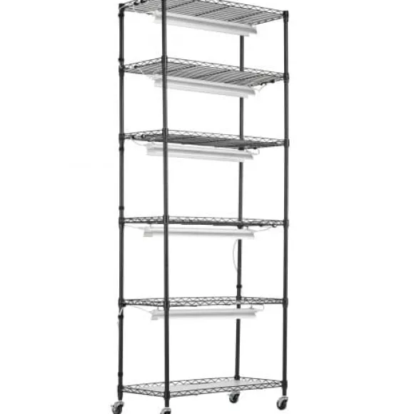 Planteopsats, 6-etagers hylde med vækstlys, 75x35x180 cm, sort, stål