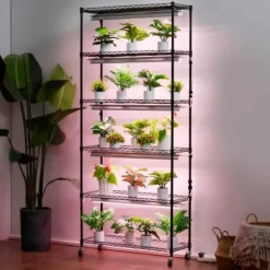 Planteopsats, 6-etagers hylde med vækstlys, 75x35x180 cm, sort, stål