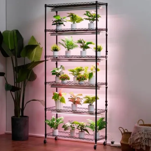 Planteopsats, 6-etagers hylde med vækstlys, 75x35x180 cm, sort, stål