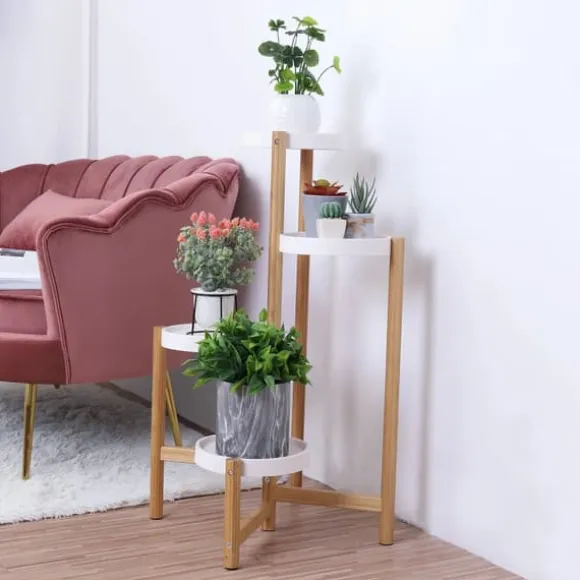 Plantestativ - Hjørne, rund blomsterhylde til potter - 4 Niveauer - Indendørs/Udendørs - Træ - Orange