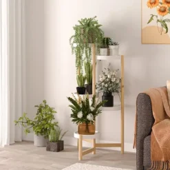 Plantestativ - Hjørne, rund blomsterhylde til potter - 4 Niveauer - Indendørs/Udendørs - Træ - Orange