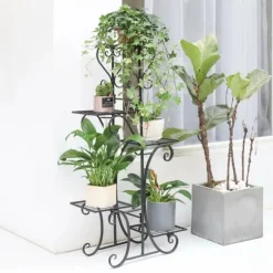 Plantestativ Blomsterhylde - 5-etagers Metalhylde - Høj - Rustbestandig - Til blomster, bonsai og urter - Havedekor - Sort