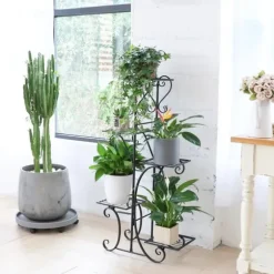 Plantestativ Blomsterhylde - 5-etagers Metalhylde - Høj - Rustbestandig - Til blomster, bonsai og urter - Havedekor - Sort