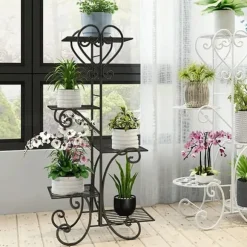 Plantestativ Blomsterhylde - 5-etagers Metalhylde - Høj - Rustbestandig - Til blomster, bonsai og urter - Havedekor - Sort