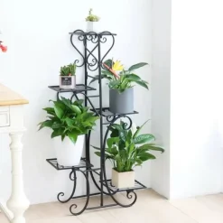 Plantestativ Blomsterhylde - 5-etagers Metalhylde - Høj - Rustbestandig - Til blomster, bonsai og urter - Havedekor - Sort