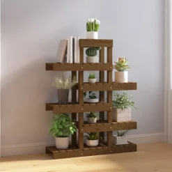 Plantestativ i massivt fyrretræ - Charmerende plantehylde | Størrelse: 85x25x109,5 cm | Farve: Gyldenbrun