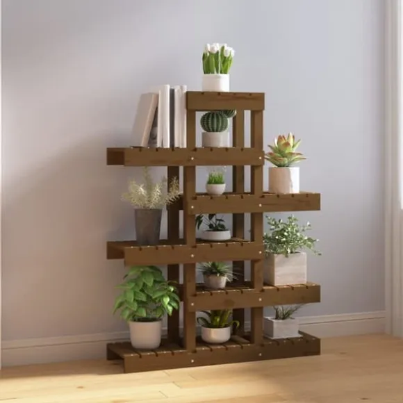 Plantestativ i massivt fyrretræ - Charmerende plantehylde | Størrelse: 85x25x109,5 cm | Farve: Gyldenbrun