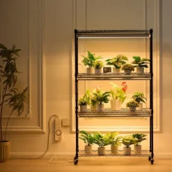 Plantestativ med væksterlys 4 etager, 180W, 150 cm, Høj væksthylle til planter, justerbar lysstyrke, hurtig installation.