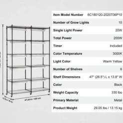 Plantestativ med vækstlys 6 etager, 200W, 59,1'', indendørs plantehylde, optimal vækst, justerbar lysstyrke.