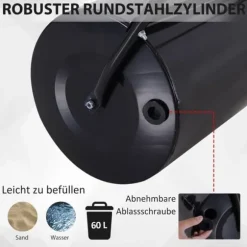Plænerulle Ø40 cm med U-håndtag – 60 L vand/sand, sort stål 57×40×123 cm