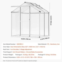 Polycarbonat Drivhus 6 x 4 Ft, Udendørs Walk-in, UV-beskyttelse, robust struktur, nem at samle