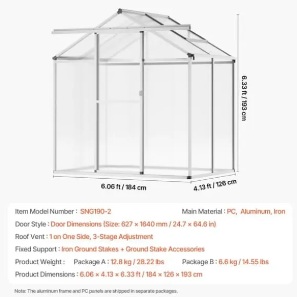 Polycarbonat Drivhus 6 x 4 Ft, Udendørs Walk-in, UV-beskyttelse, robust struktur, nem at samle