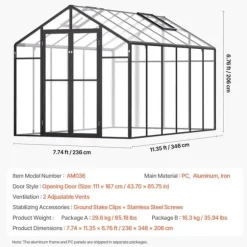 Polycarbonat Drivhus 8 x 12 Ft, Udendørs Walk-in Drivhus, holdbart design, UV-beskyttelse, nem at samle