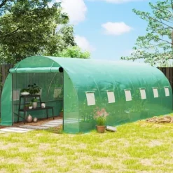 Polytunnel-drivhus med plastikdæksel og stålramme, gåbart drivhustelt med rulledøre, grønt