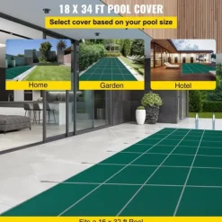 Poolsikkerhedsafdækning til rektangulære 16x32 fod bassiner, med drænhuller og trin. Perfekt til vinterbeskyttelse. Grøn og solid.