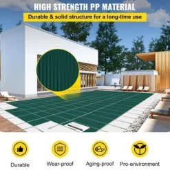 Poolsikkerhedsafdækning til rektangulære 16x32 fod bassiner, med drænhuller og trin. Perfekt til vinterbeskyttelse. Grøn og solid.