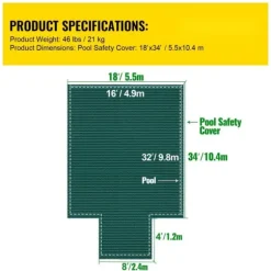 Poolsikkerhedsafdækning til rektangulære 16x32 fod bassiner, med drænhuller og trin. Perfekt til vinterbeskyttelse. Grøn og solid.