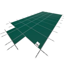 Poolsikkerhedsafdækning til rektangulære 16x32 fod bassiner, med drænhuller og trin. Perfekt til vinterbeskyttelse. Grøn og solid.