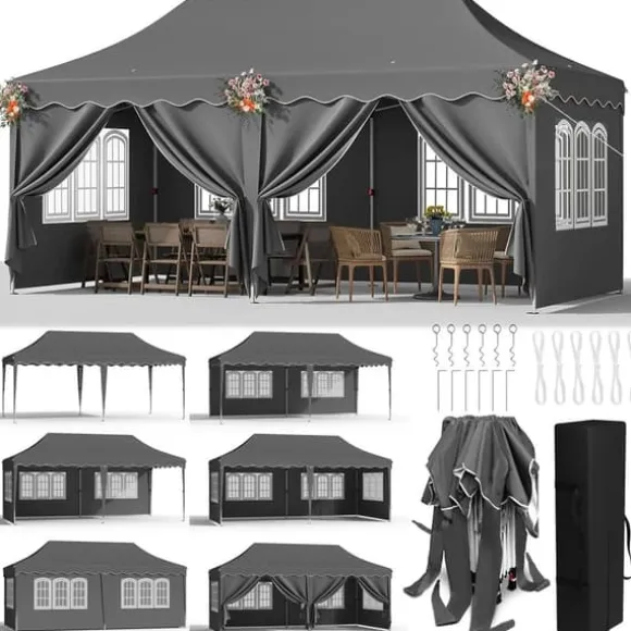 Pop up pavillon - Foldbart festtelt - 3x6 m vandtæt - 6 sidevægge, helt lukket - UV 50+ - Højdejusterbar 2–3 m - Mørkegrå