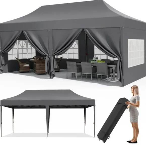 Pop up pavillon - Foldbart festtelt - 3x6 m vandtæt - 6 sidevægge, helt lukket - UV 50+ - Højdejusterbar 2–3 m - Mørkegrå
