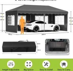 Pop up pavillon - Foldbart festtelt - 3x6 m vandtæt - 6 sidevægge, helt lukket - UV 50+ - Højdejusterbar 2–3 m - Mørkegrå