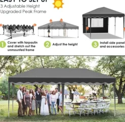 Pop up pavillon - Foldbart festtelt - 3x6 m vandtæt - 6 sidevægge, helt lukket - UV 50+ - Højdejusterbar 2–3 m - Mørkegrå