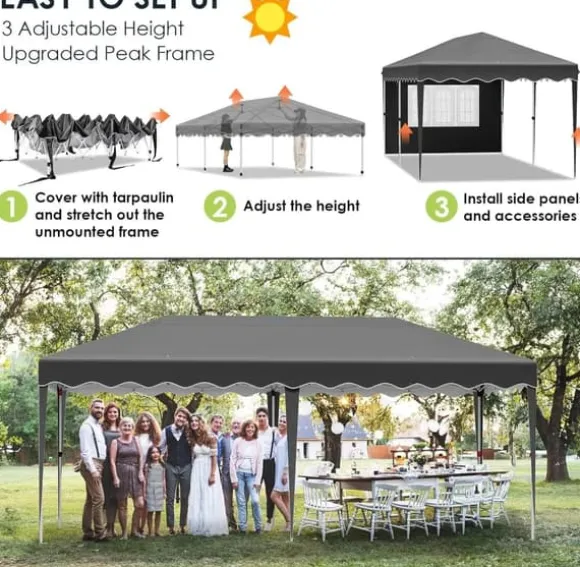 Pop up pavillon - Foldbart festtelt - 3x6 m vandtæt - 6 sidevægge, helt lukket - UV 50+ - Højdejusterbar 2–3 m - Mørkegrå