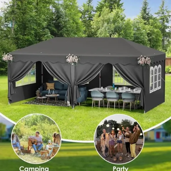 Pop up pavillon - Foldbart festtelt - 3x6 m vandtæt - 6 sidevægge, helt lukket - UV 50+ - Højdejusterbar 2–3 m - Mørkegrå