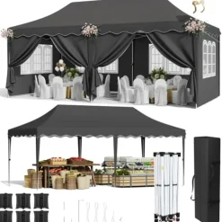 Pop Up Pavillon Telt, Vandtæt UV Beskyttelse, Robust Aluminiumramme,sort