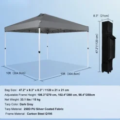 Pop-up baldakin festtelt 10x10 fod med bæretaske til camping - mørkegrå, ideelt til udendørs arrangementer!