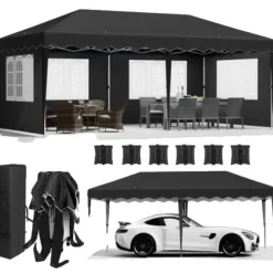 Pop-Up Pavillon 3m x 6m, Vandtæt med UV-beskyttelse, Nem Opsætning,sort