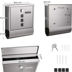 Postkasse, væghængt postkasse, hættelås med kobberkerne, avisholder, udstillingsvinduer og navneskilt, nem at montere, sølv