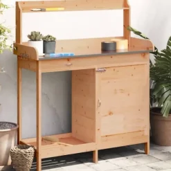 Pottebænk med skab i massivt grantræ | Størrelse: 110,5x45x124,5 cm | Farve: Brun