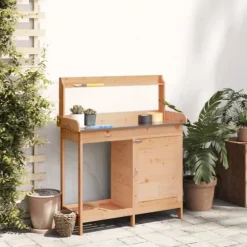 Pottebænk med skab i massivt grantræ | Størrelse: 110,5x45x124,5 cm | Farve: Brun