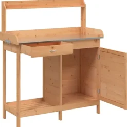 Pottebænk med skab i massivt grantræ | Størrelse: 110,5x45x124,5 cm | Farve: Brun
